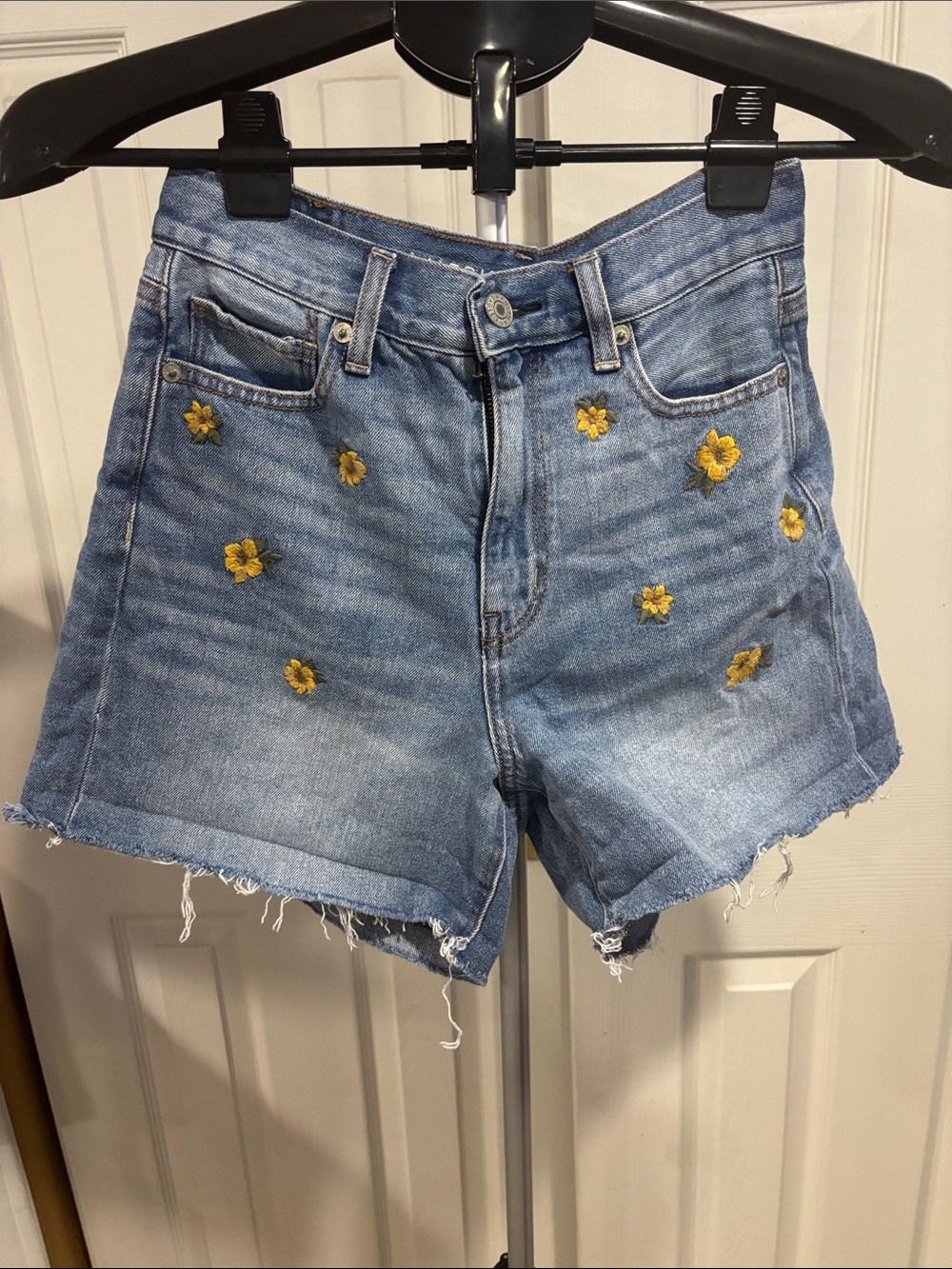 American Eagle Outfitters Light Blue Denim Shorts with Yellow Floral Embroidery